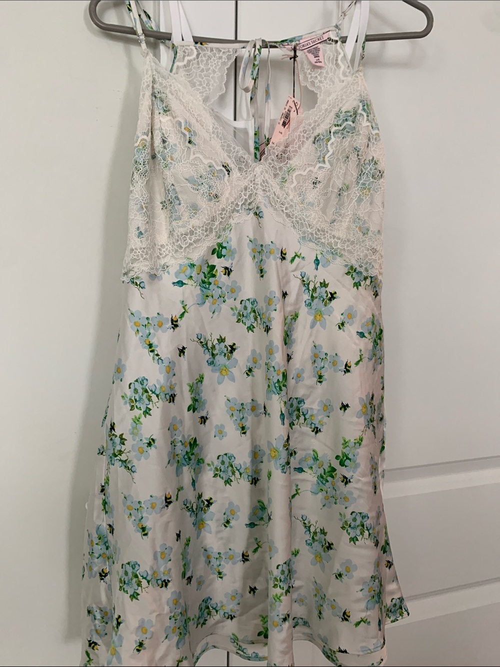 Victoria's Secret White Floral Lace-Trim Slip with Blue & Green Accents